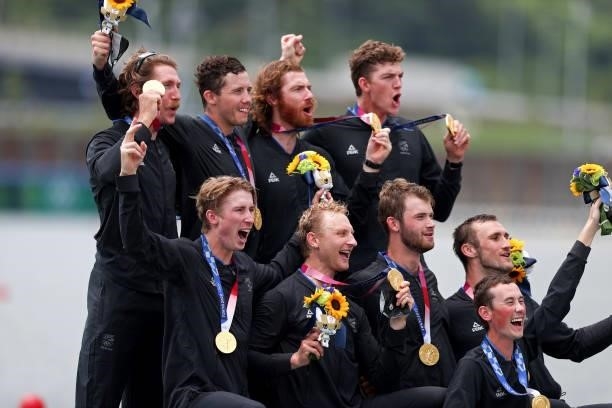 Gold medalists Team New Zealand pose with their medals during the Men's Eight Final A on day seven of the Tokyo 2020 Olympic Games at Sea Forest...