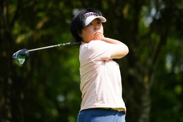 Yuri Fudo of Japan hits her tee shot on the 2nd hole during the second round of Rakuten Super Ladies at Tokyu Grand Oak Golf Club on July 30, 2021 in...