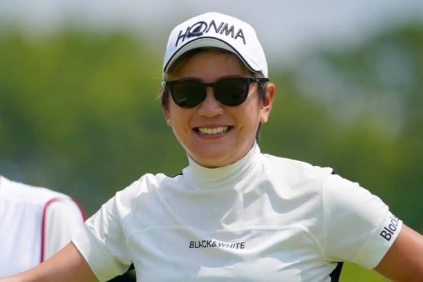 Misuzu Narita of Japan smiles on the 1st tee during the second round of Rakuten Super Ladies at Tokyu Grand Oak Golf Club on July 30, 2021 in Kato,...