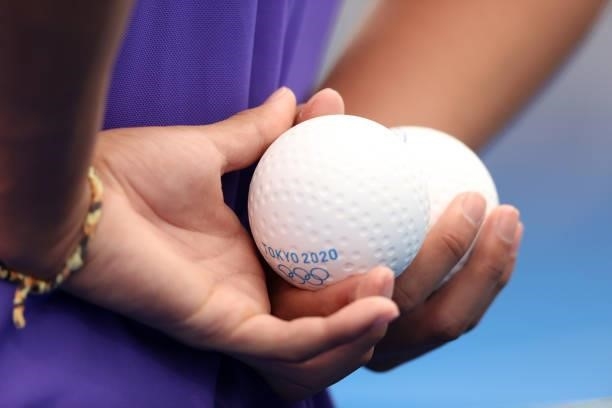 Detailed view of the balls held during the Women's Preliminary Pool A match between South Africa and Germany on day seven of the Tokyo 2020 Olympic...