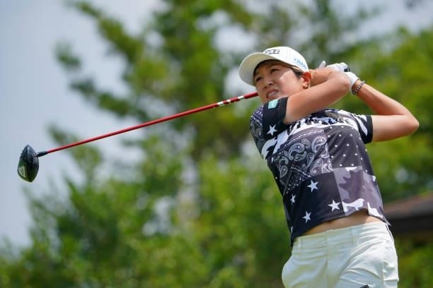 Asako Fujimoto of Japan hits her tee shot on the 1st hole during the second round of Rakuten Super Ladies at Tokyu Grand Oak Golf Club on July 30,...