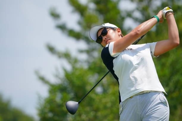 Misuzu Narita of Japan hits her tee shot on the 1st hole during the second round of Rakuten Super Ladies at Tokyu Grand Oak Golf Club on July 30,...