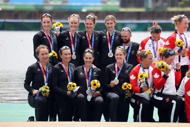 Silver medalists Team New Zealand pose with their medals during the medal ceremony for the Women's Eight Final A on day seven of the Tokyo 2020...