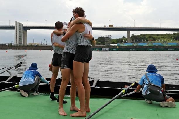 Team New Zealand after winning gold in the Men's Eight Final A on day seven of the Tokyo 2020 Olympic Games at Sea Forest Waterway on July 30, 2021...