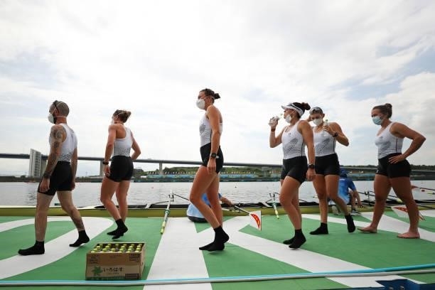 Team New Zealand celebrates winning the silver medal during the Women's Eight Final A on day seven of the Tokyo 2020 Olympic Games at Sea Forest...