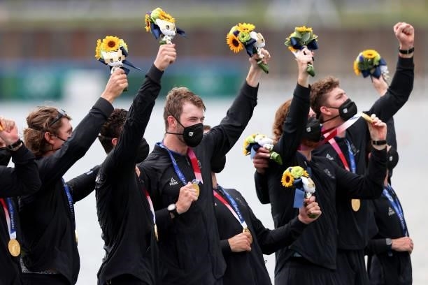 Gold medalists Team New Zealand pose with their medals during the medal ceremony for the Men's Eight Final A on day seven of the Tokyo 2020 Olympic...
