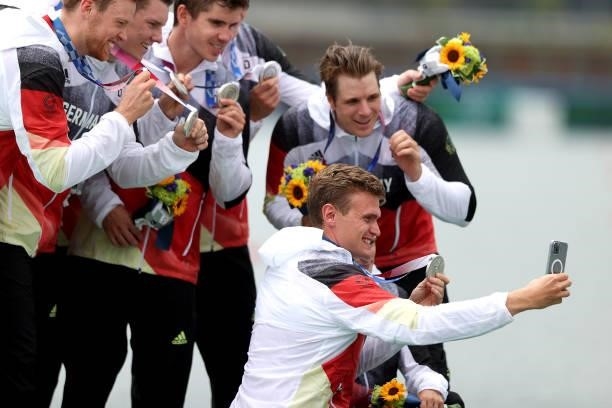 Silver medalists Team Germany pose with their medals during the medal ceremony for the Men's Eight Final A on day seven of the Tokyo 2020 Olympic...