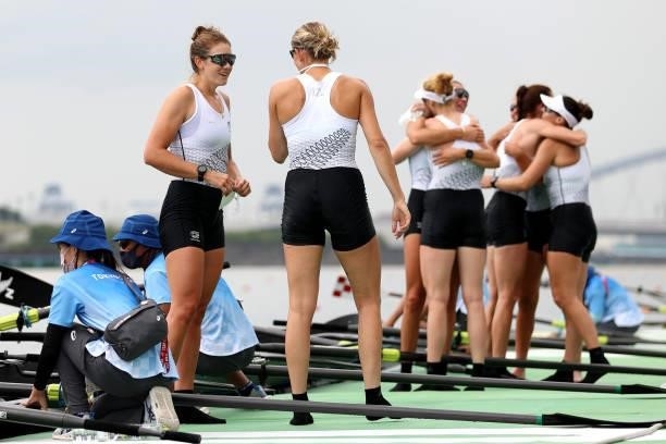 Team New Zealand celebrates winning the silver medal in the Women's Eight Final A on day seven of the Tokyo 2020 Olympic Games at Sea Forest Waterway...