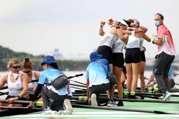 Grace Prendergast, Kelsey Bevan, Lucy Spoors and Emma Dyke of Team New Zealand celebrate winning the silver medal after the Women's Eight Final A on...