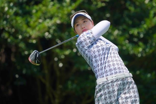 Nozomi Uetake of Japan hits her tee shot on the 2nd hole during the second round of Rakuten Super Ladies at Tokyu Grand Oak Golf Club on July 30,...