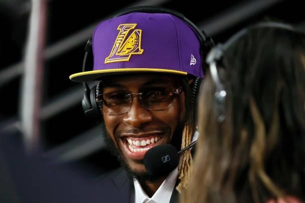 Isaiah Jackson is interviewed after being drafted by the Los Angeles Lakers during the 2021 NBA Draft at the Barclays Center on July 29, 2021 in New...