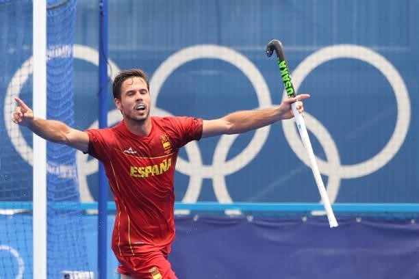 Pau Quemada Cadafalch of Team Spain celebrates scoring the tying goal during the Men's Preliminary Pool A match between Australia and Spain on day...