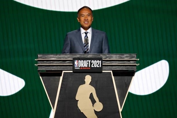 Deputy commissioner Mark Tatum announces a pick by the Milwaukee Bucks during the 2021 NBA Draft at the Barclays Center on July 29, 2021 in New York...