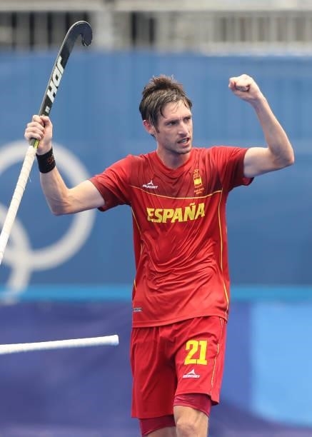 Vicenc Ruiz Torruella of Team Spain celebrates the tying goal during the Men's Preliminary Pool A match between Australia and Spain on day seven of...