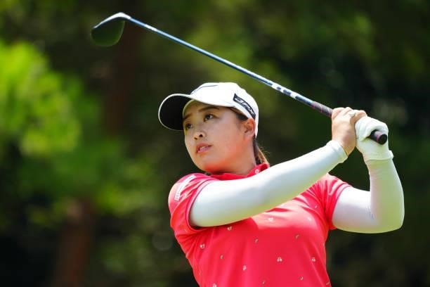 Mao Saigo of Japan hits her tee shot on the 9th hole during the second round of Rakuten Super Ladies at Tokyu Grand Oak Golf Club on July 30, 2021 in...