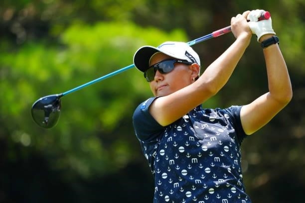 Mao Nozawa of Japan hits her tee shot on the 9th hole during the second round of Rakuten Super Ladies at Tokyu Grand Oak Golf Club on July 30, 2021...