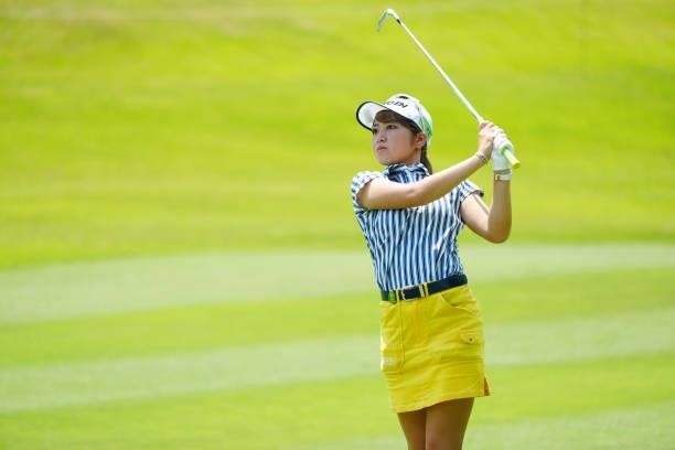 Hikari Tanabe of Japan hits her second shot on the 9th hole during the second round of Rakuten Super Ladies at Tokyu Grand Oak Golf Club on July 30,...