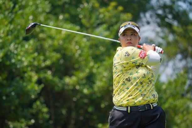 Miki Sakai of Japan hits her tee shot on the 2nd hole during the second round of Rakuten Super Ladies at Tokyu Grand Oak Golf Club on July 30, 2021...