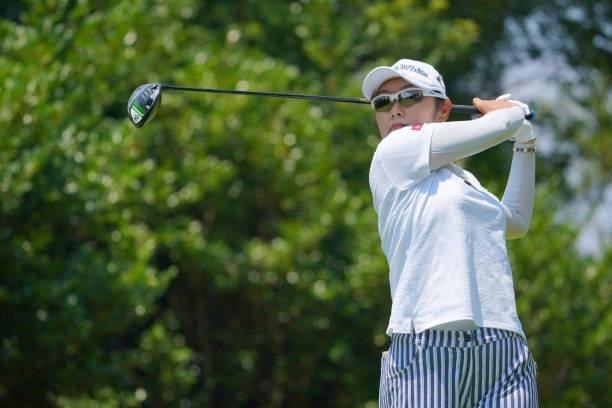 Saiki Fujita of Japan hits her tee shot on the 2nd hole during the second round of Rakuten Super Ladies at Tokyu Grand Oak Golf Club on July 30, 2021...
