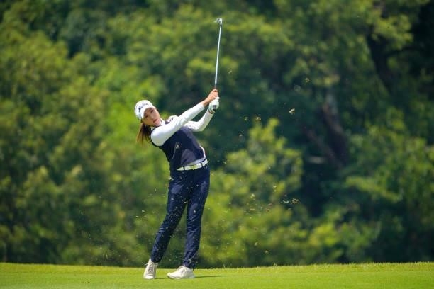 Naruha Miyata of Japan hits her second shot on the 2nd hole during the second round of Rakuten Super Ladies at Tokyu Grand Oak Golf Club on July 30,...