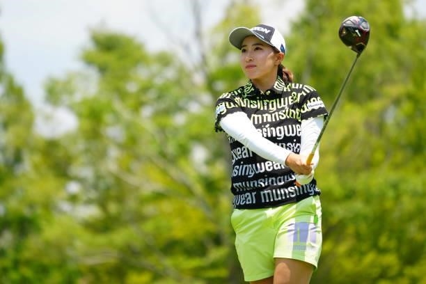 Rieru Shibusawa of Japan hits her tee shot on the 10th hole during the second round of Rakuten Super Ladies at Tokyu Grand Oak Golf Club on July 30,...