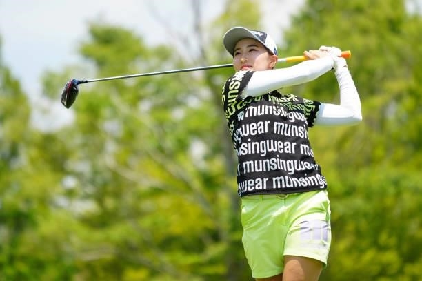 Rieru Shibusawa of Japan hits her tee shot 10 during the second round of Rakuten Super Ladies at Tokyu Grand Oak Golf Club on July 30, 2021 in Kato,...