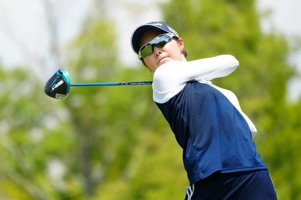 Ayaka Matsumori of Japan hits her tee shot on the 10th hole during the second round of Rakuten Super Ladies at Tokyu Grand Oak Golf Club on July 30,...