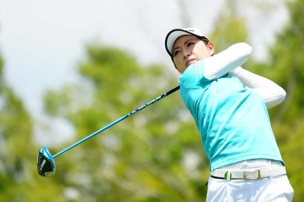 Hikari Kawamitsu of Japan hits her tee shot on the 10th hole during the second round of Rakuten Super Ladies at Tokyu Grand Oak Golf Club on July 30,...