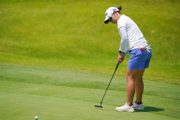 Mamiko Higa of Japan attempts a putt on the 2nd green during the second round of Rakuten Super Ladies at Tokyu Grand Oak Golf Club on July 30, 2021...