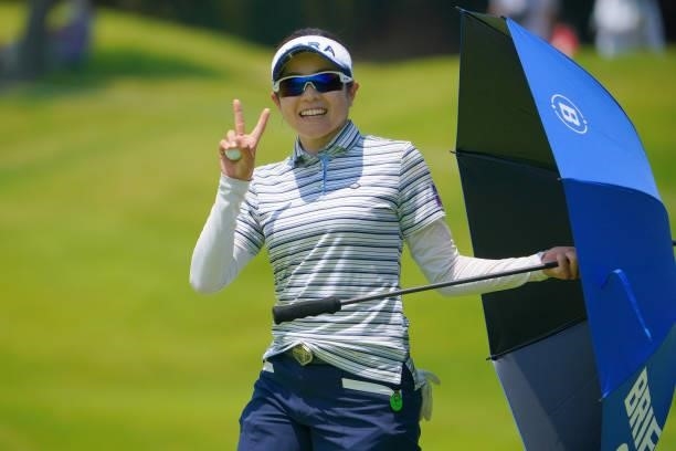 Sumika Nakasone of Japan poses on the 2nd green during the second round of Rakuten Super Ladies at Tokyu Grand Oak Golf Club on July 30, 2021 in...