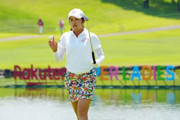 Mone Inami of Japan acknowledges fans on the 9th green during the second round of Rakuten Super Ladies at Tokyu Grand Oak Golf Club on July 30, 2021...