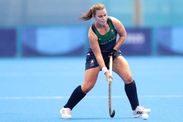 Lizzy Holden of Team Ireland passes the ball during the Women's Preliminary Pool A match between Ireland and India on day seven of the Tokyo 2020...