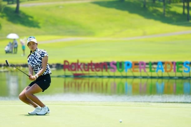 Erika Hara of Japan reacts after a putt on the 9th green during the second round of Rakuten Super Ladies at Tokyu Grand Oak Golf Club on July 30,...