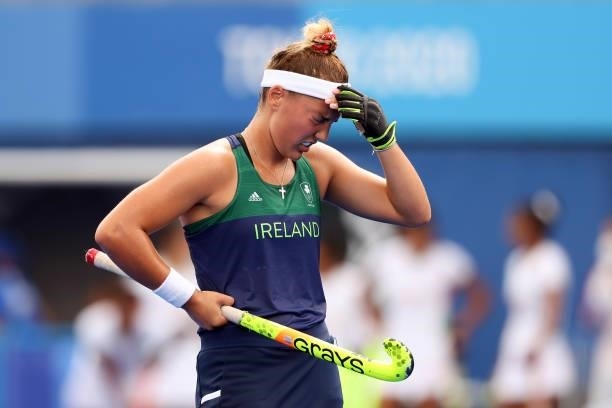 Elena Tice of Team Ireland reacts during the Women's Preliminary Pool A match between Ireland and India on day seven of the Tokyo 2020 Olympic Games...