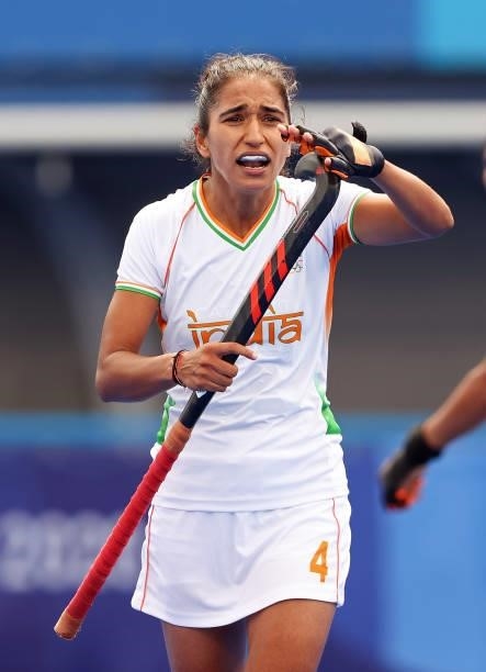 Monika of Team India reacts during the Women's Preliminary Pool A match between Ireland and India on day seven of the Tokyo 2020 Olympic Games at Oi...