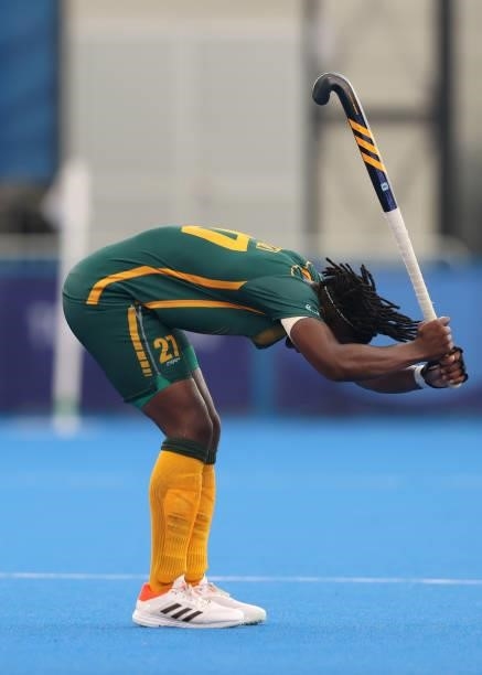 Nqobile Mansuet Ntuli of Team South Africa reacts after the Men's Preliminary Pool A match between Canada and South Africa on day seven of the Tokyo...