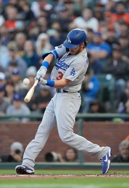 Cody Bellinger of the Los Angeles Dodgers bats against the San Francisco Giants in the top of the third inning at Oracle Park on July 28, 2021 in San...