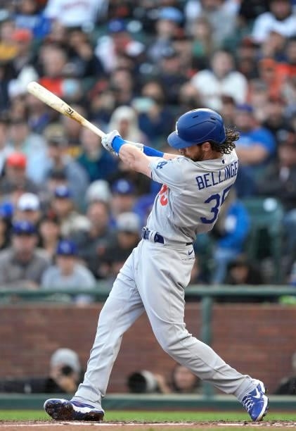 Cody Bellinger of the Los Angeles Dodgers bats against the San Francisco Giants in the top of the third inning at Oracle Park on July 28, 2021 in San...