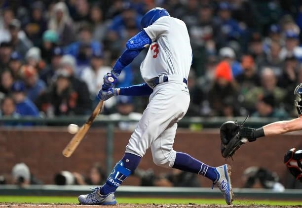 Chris Taylor of the Los Angeles Dodgers bats against the San Francisco Giants in the top of the fifth inning at Oracle Park on July 28, 2021 in San...