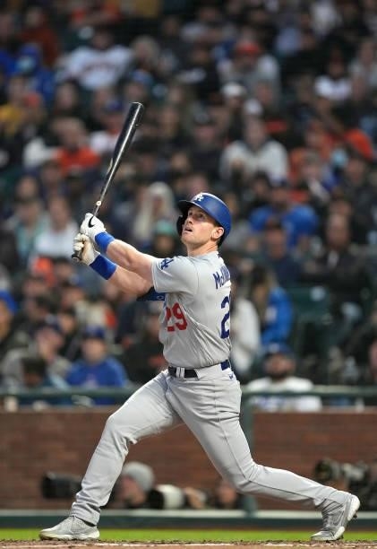 Billy McKinney of the Los Angeles Dodgers bats against the San Francisco Giants in the top of the fifth inning at Oracle Park on July 28, 2021 in San...