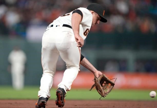 Jason Vosler of the San Francisco Giants reacts to field a ground ball off the bat of Justin Turner of the Los Angeles Dodgers in the top of the six...