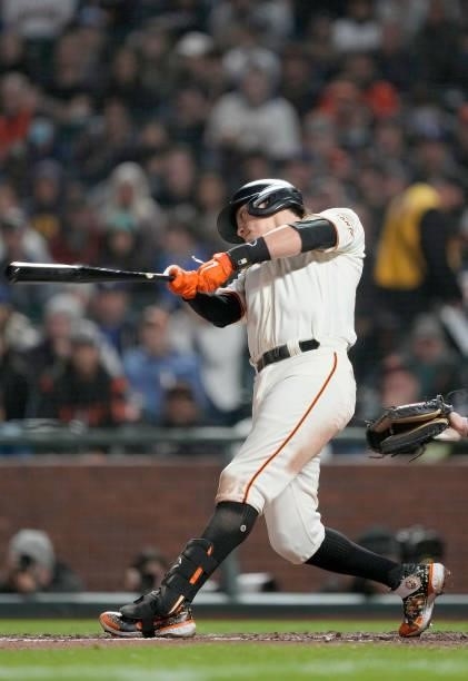Wilmer Flores of the San Francisco Giants bats against the Los Angeles Dodgers in the bottom of the six inning at Oracle Park on July 28, 2021 in San...