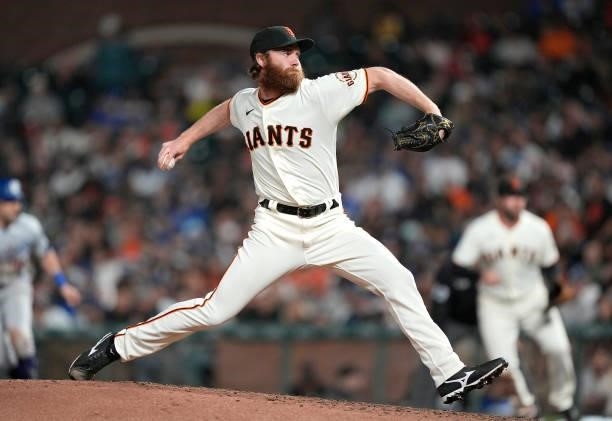 John Brebbia of the San Francisco Giants pitches against the Los Angeles Dodgers in the top of the seventh inning at Oracle Park on July 28, 2021 in...