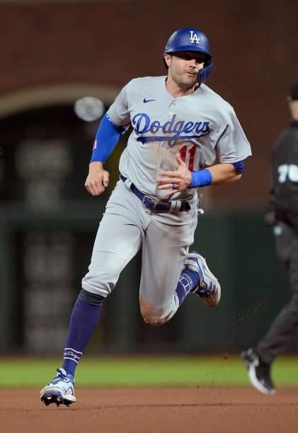 Pollock of the Los Angeles Dodgers runs the bases against the San Francisco Giants in the top of the seventh inning at Oracle Park on July 28, 2021...