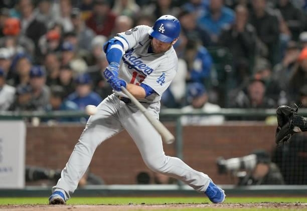 Max Muncy of the Los Angeles Dodgers bats against the San Francisco Giants in the top of the seventh inning at Oracle Park on July 28, 2021 in San...