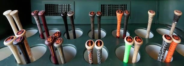 Detailed view of bats belonging the the San Francisco Giants players seen in racks prior to the game against the Los Angeles Dodgers at Oracle Park...