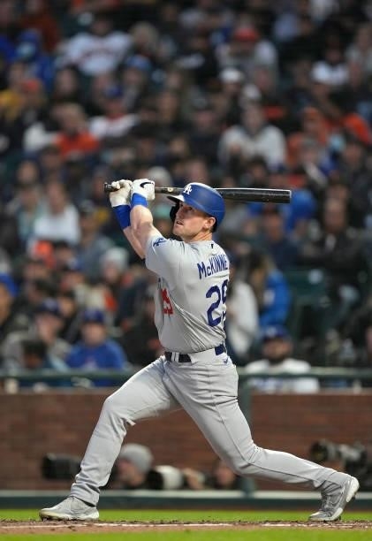Billy McKinney of the Los Angeles Dodgers bats against the San Francisco Giants in the top of the fifth inning at Oracle Park on July 28, 2021 in San...