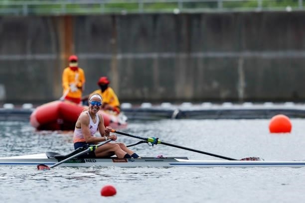 Sophie Souwer of the Netherlands competing on Women's Single Sculls Final B during the Tokyo 2020 Olympic Games at the Sea Forest Waterway on July...