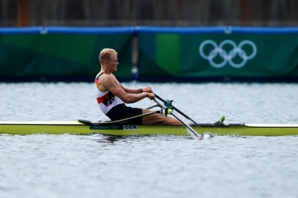 Oliver Zeidler of Germany competing on Men's Single Sculls during the Tokyo 2020 Olympic Games at the Sea Forest Waterway on July 30, 2021 in Tokyo,...