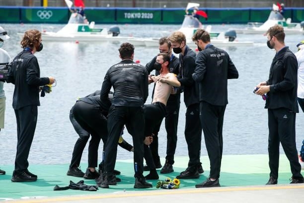 Mens 8 rower Thomas Mackintosh of New Zealand, mens 8 rower Hamish Bond of New Zealand, mens 8 rower Tom Murray of New Zealand, mens 8 rower Michael...